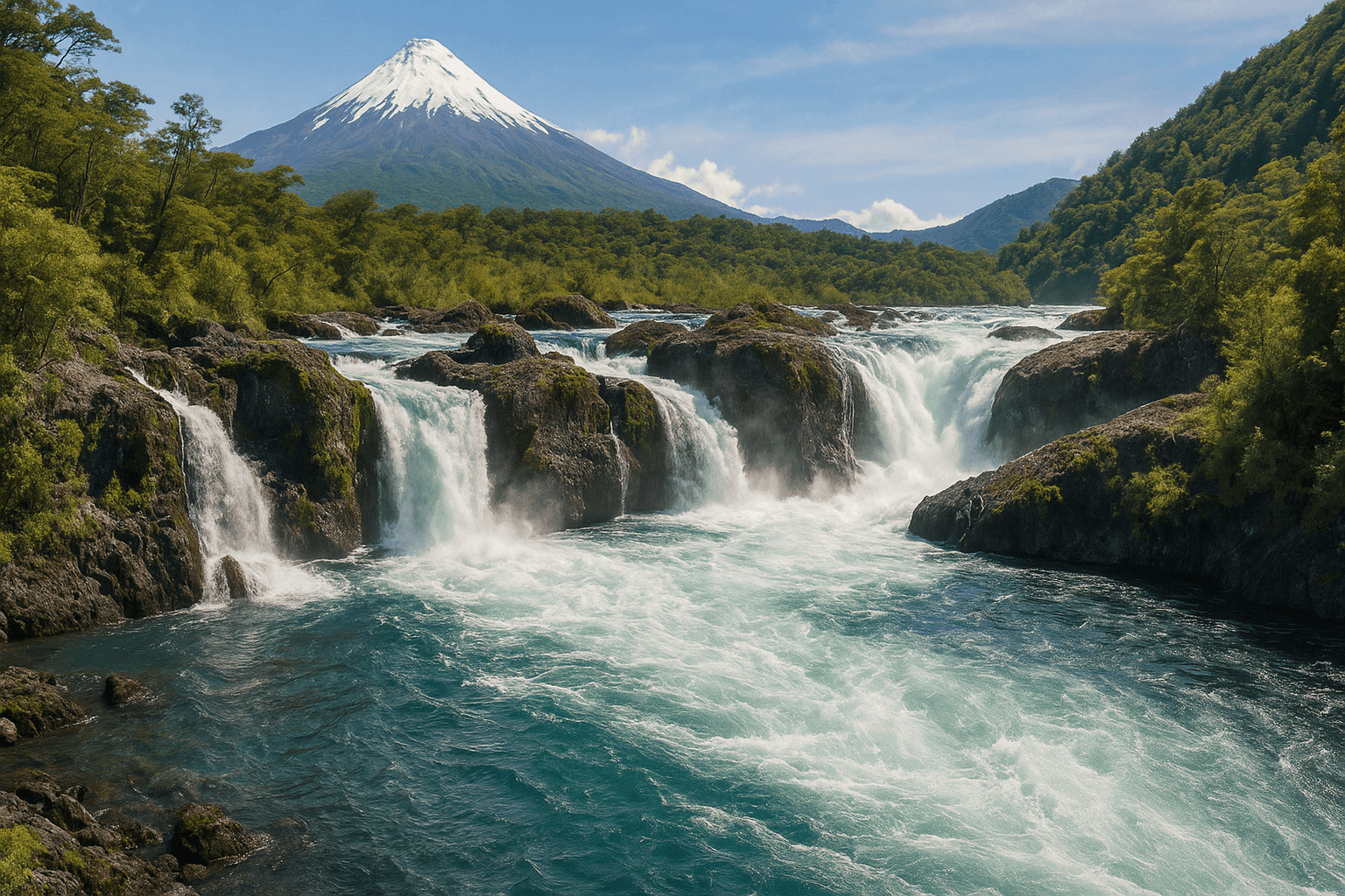 Saltos de Petrohué en el Parque Nacional Vicente Pérez Rosales, con aguas turquesas cayendo sobre rocas volcánicas y el volcán Osorno al fondo